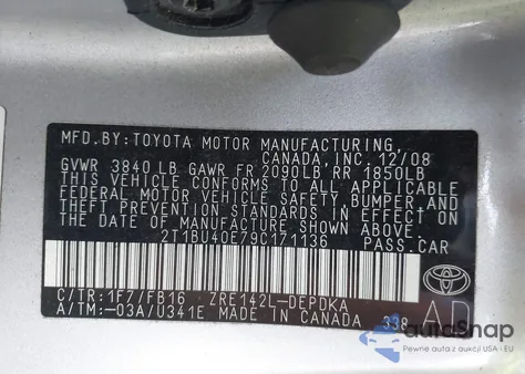 2009 Toyota Corolla Le z USA, uszkodzony, nr VIN 2T1BU40E79C171136